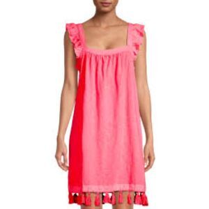 Pink Tassel Hem Cover Up Dress Women’s Ruffle Sleeve Beach Mini Dress